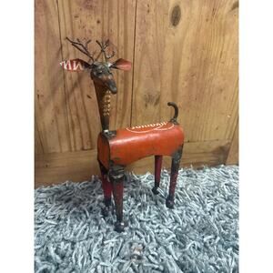 Recycled Weathered Metal Red Reindeer - approx 11 inches Rustic Primitive
